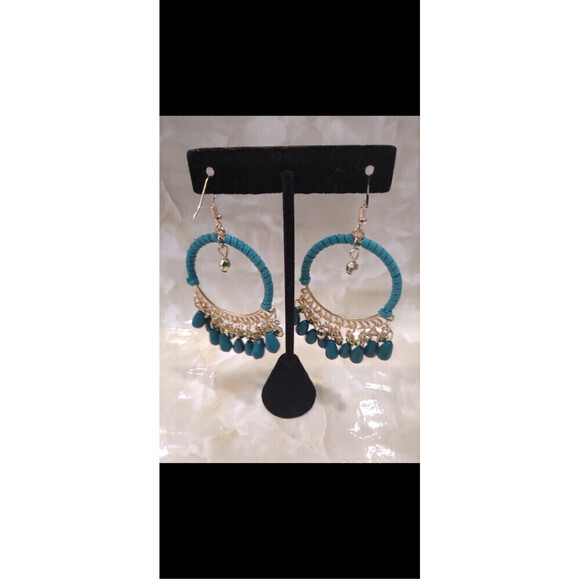 Woven Bohemian Tasseled Earrings In Teal - Picture 3 of 6
